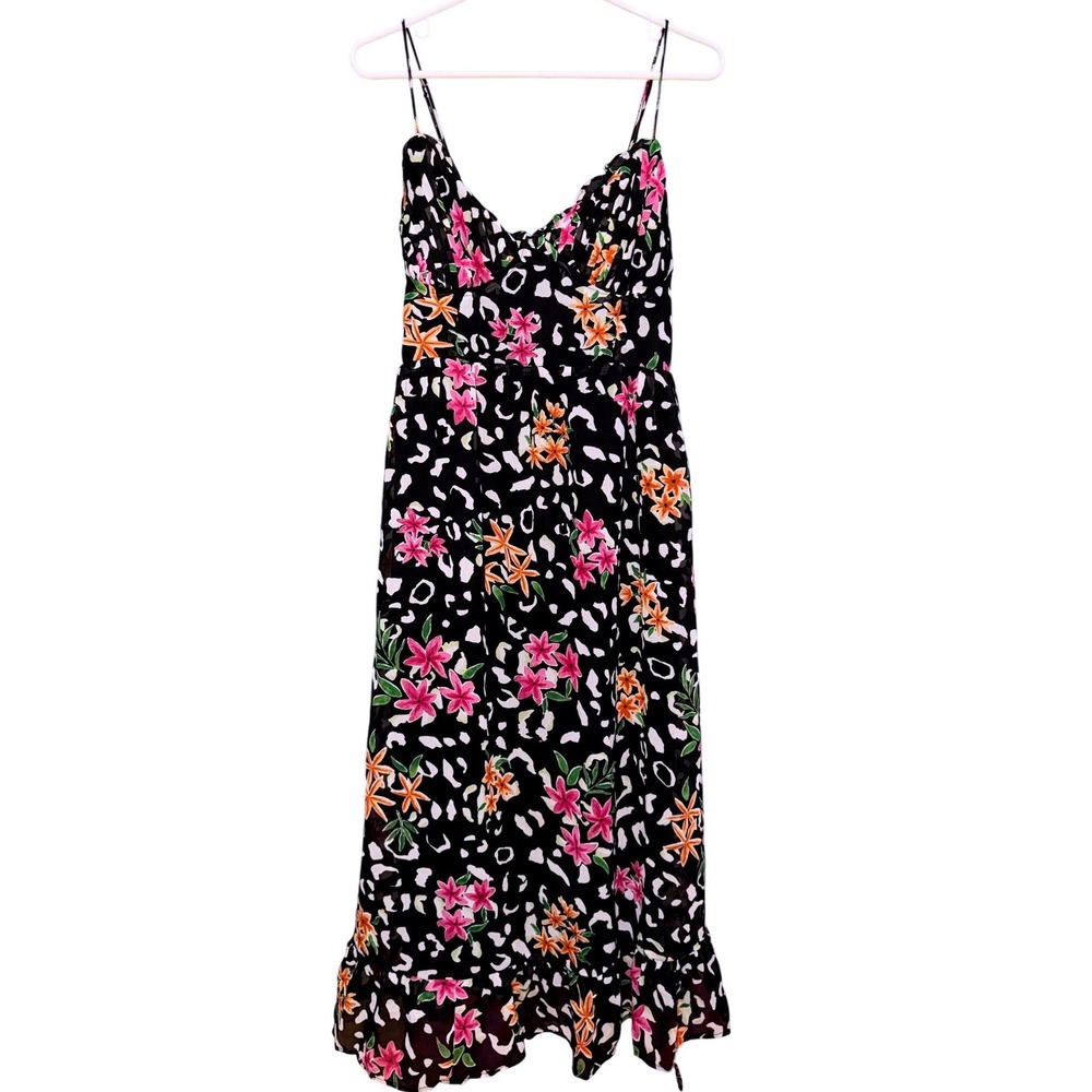Trille Rose Women XL Floral Leopard Maxi Dress Smocked Back Ruffle Hem Black